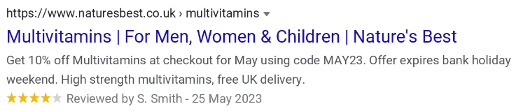 Google search showing results for natures best multivitamins and the meta description which details an offer for 10% off multivitamins in May. 