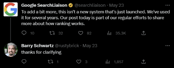 Tweet from Google Search Liaison clarifying that their topic authority update isn’t new, they have used it for several years. 