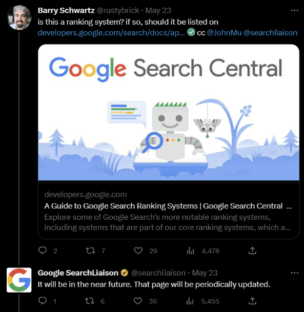 A Twitter user querying if topic authority is a ranking system and should be listed as so, with Google responding that it will be added to their Google Search Central page periodically. 