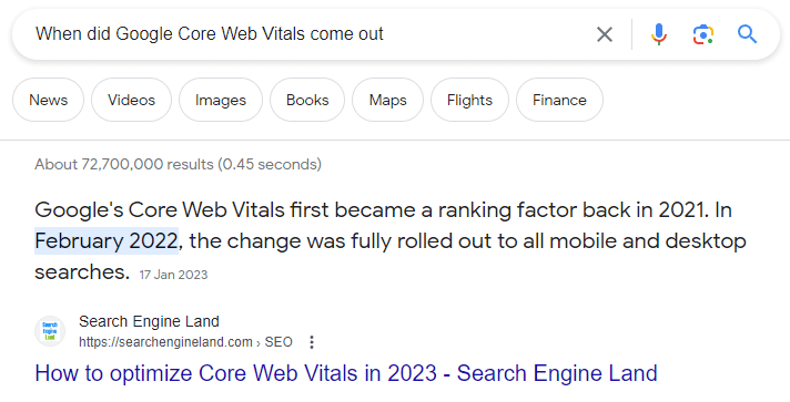 Google search detailing when Google's Core Web Vitals became a ranking factor in 2021, later rolled out to mobile and desktop searches in Feb 2022.