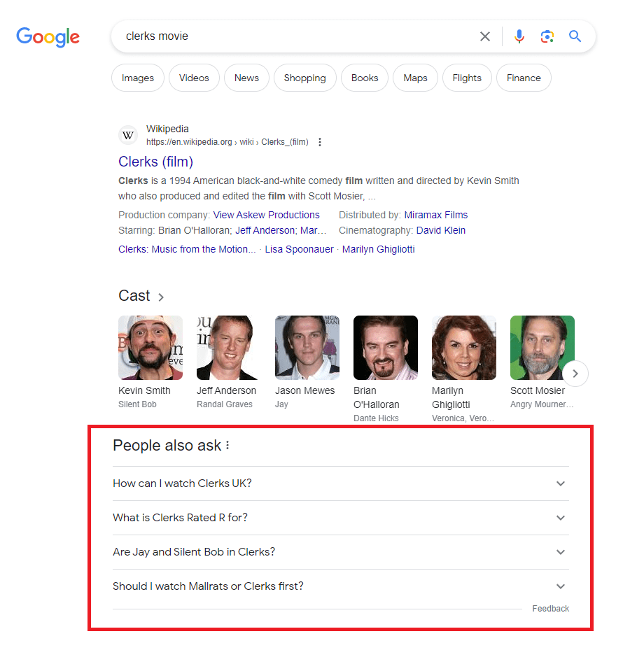 Google search for 'clerks movie', highlighting the people also ask section where you can find out what questions people are frequently searching for.
