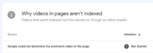 Screenshot of Search Console message stating that videos not indexed will not appear on Google's video results