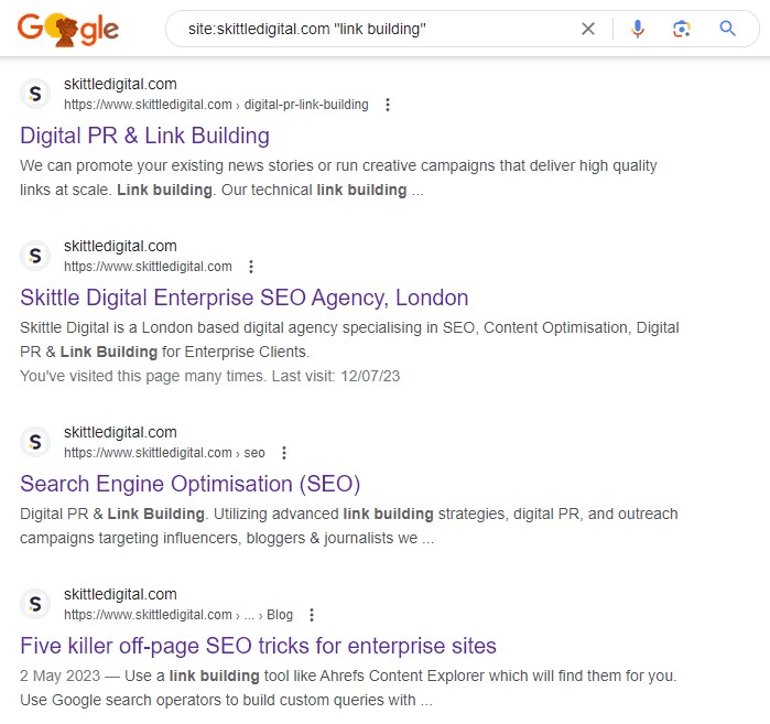 Example of a site search on Google for any pages including the term 'link building' on Skittle Digital. 