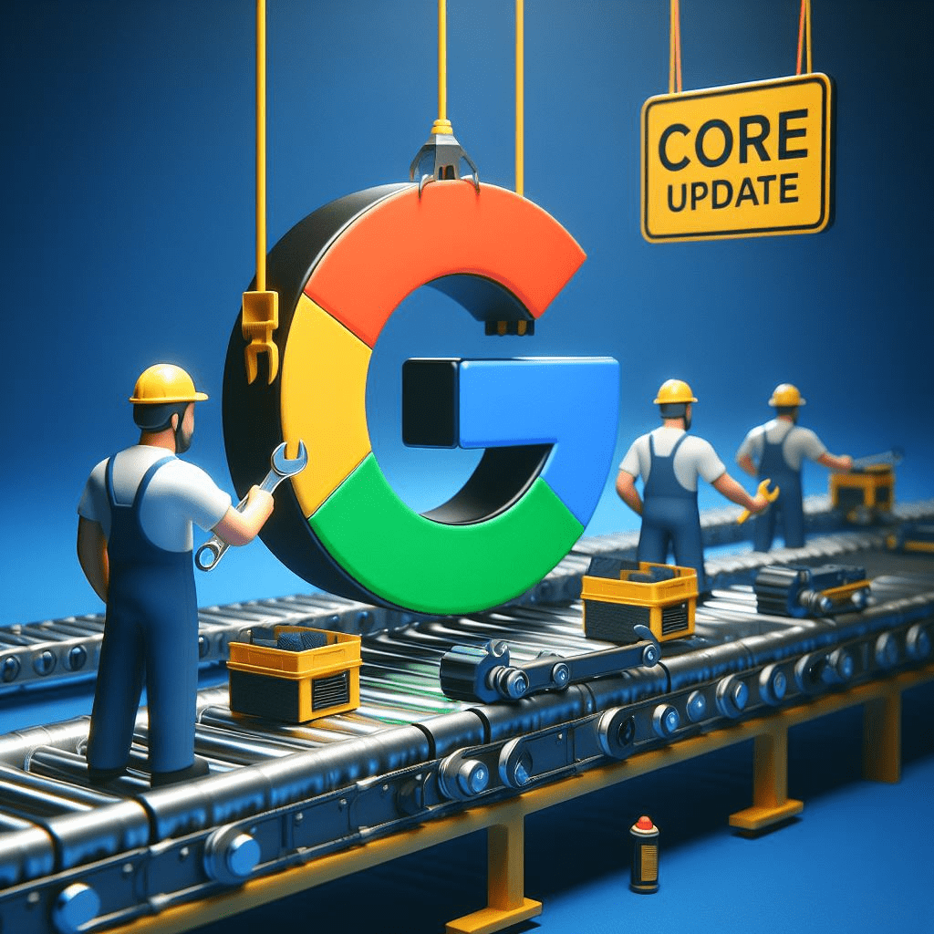 The Google logo is under construction on a conveyor belt with a sign that reads 'core update'
