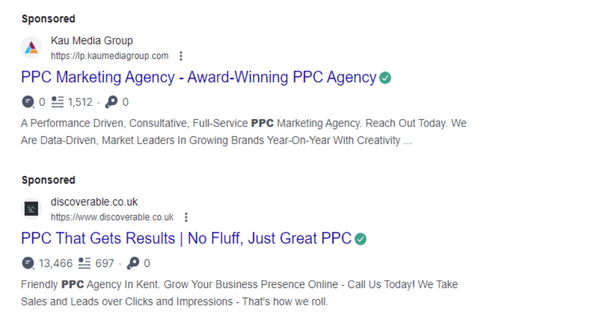 Screenshot of a Google search for 'PPC Management' showing paid ads with sponsored tag next to them.