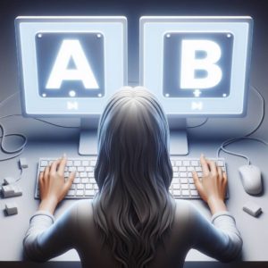 Person typing on a computer with two screens showing 'A' and 'B' visuals.