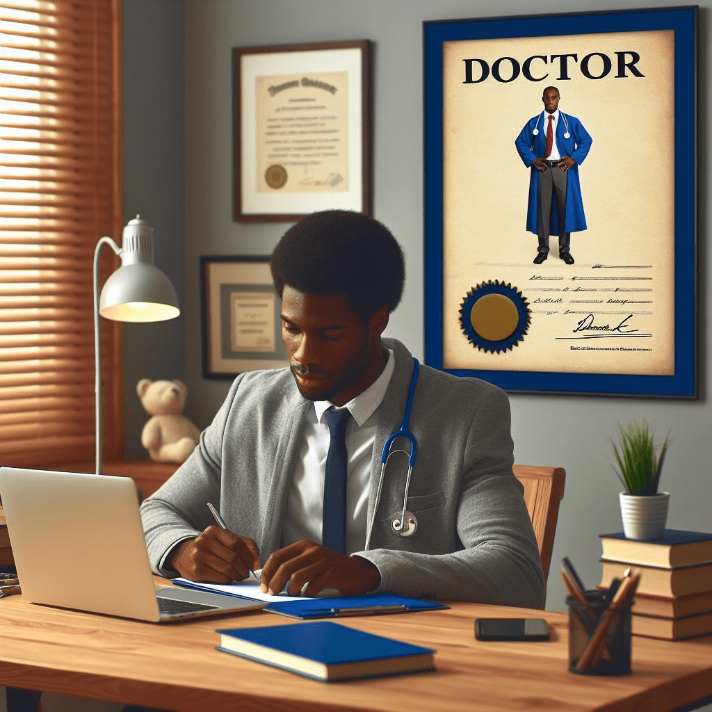 a doctor at his desk writing, with a laptop next to him and medical certificates hung on the wall behind him
