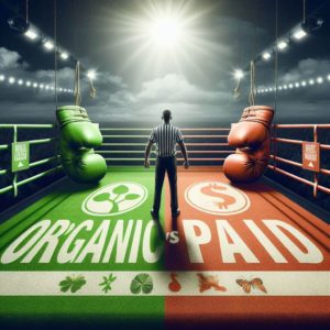 boxing ring with organic in one corner and paid in another.