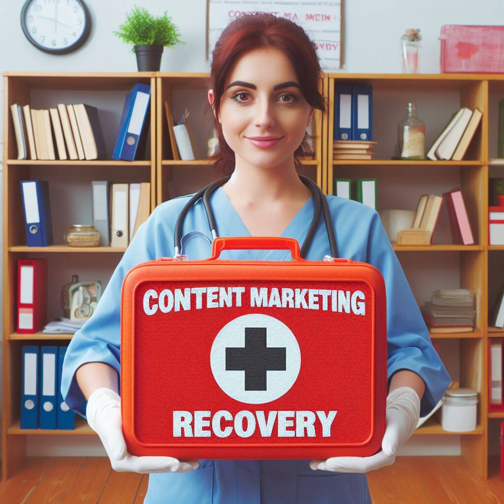 Woman holding a first aid kit saying 'Content marketing recovery'