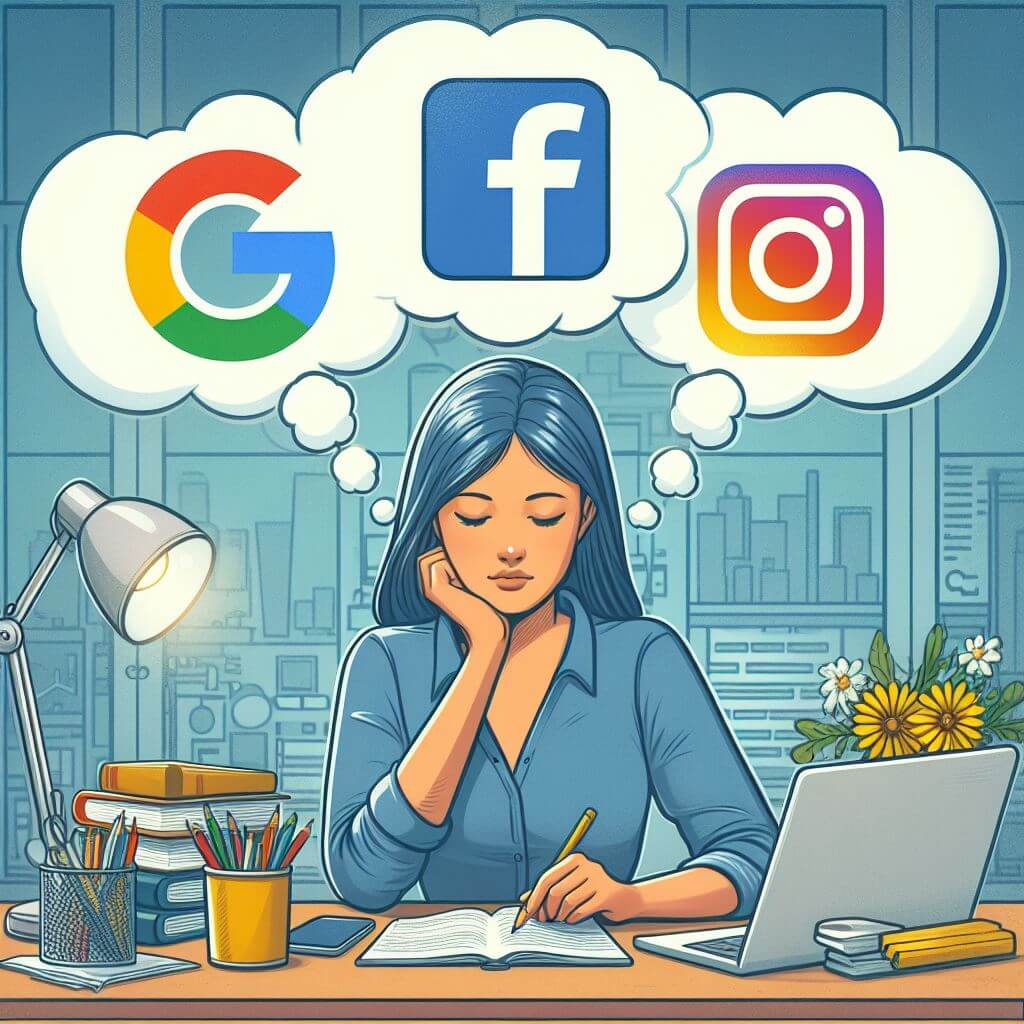 woman at a desk thinking about google, facebook, and instagram.