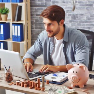 man sat at a desk working on a PPC campaign with pennies and a piggy bank.