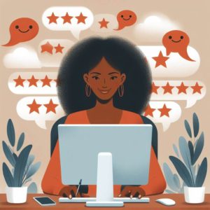 A woman sat at a computer reading positive and negative reviews