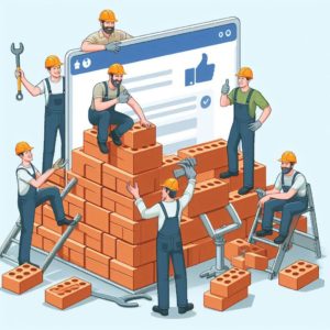 Builders laying bricks with a Facebook style page in the background with a like button.